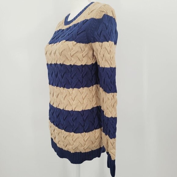 Land's End Drifter Cable Knit Navy & Tan Stripe Pullover Cotton Sweater - Picture 4 of 8